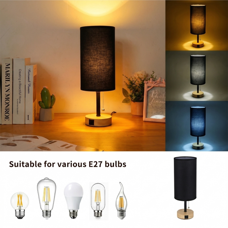 Brilagi - Stalinis šviestuvas su USB jungtimi TABLON 1xE27/25W/230V ąžuolas/juodas