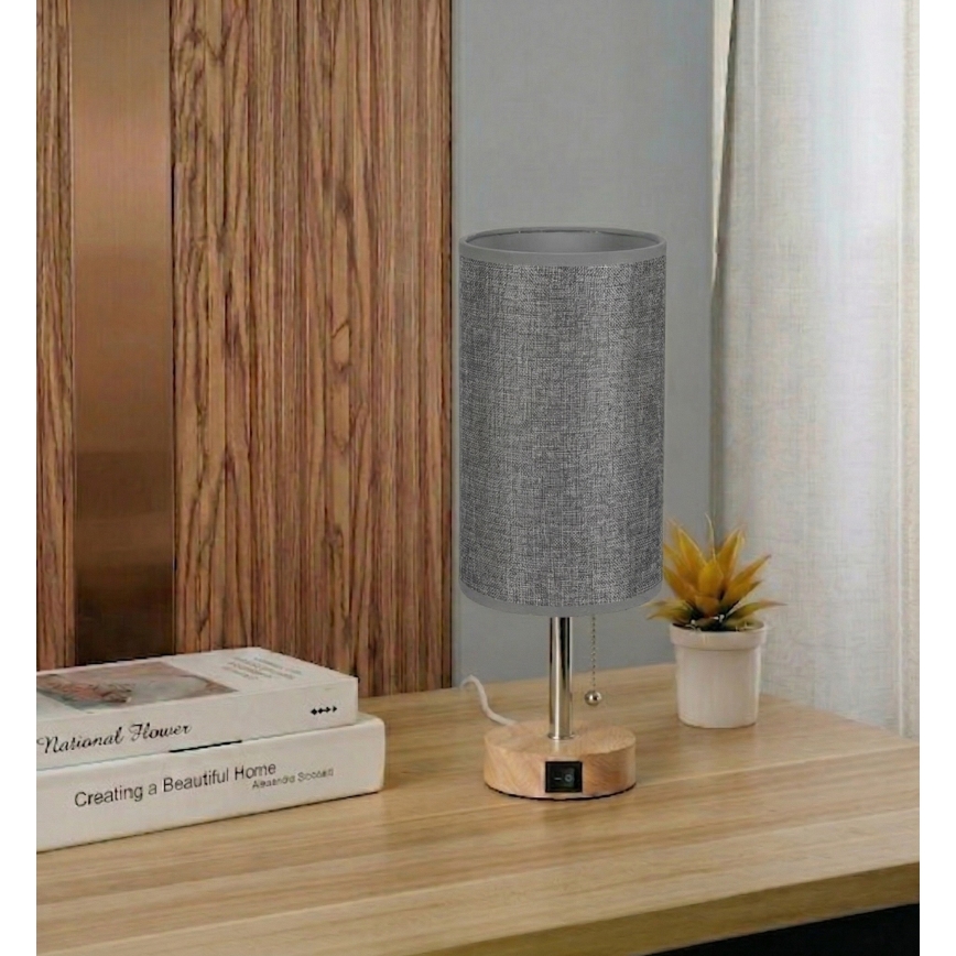 Brilagi - Stalinis šviestuvas su USB jungtimi TABLON 1xE27/25W/230V ąžuolas/kreminė/pilka