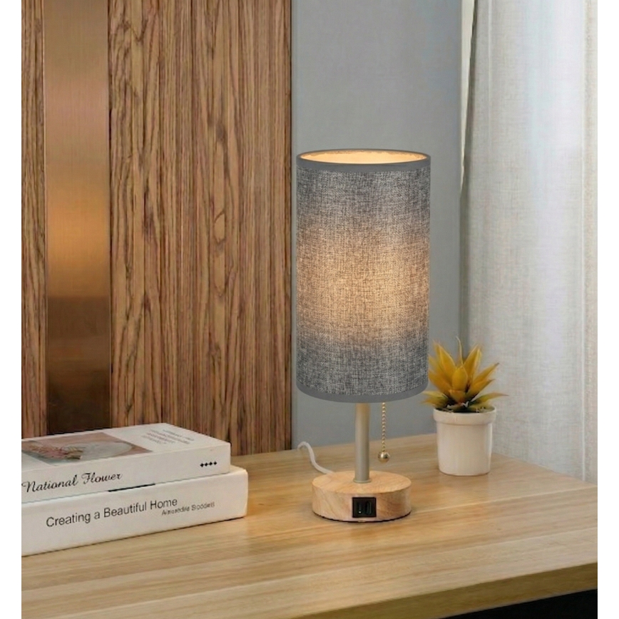 Brilagi - Stalinis šviestuvas su USB jungtimi TABLON 1xE27/25W/230V ąžuolas/kreminė/pilka