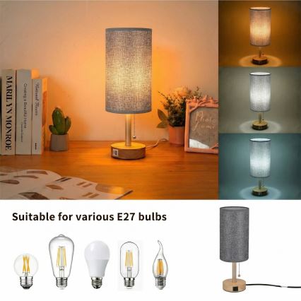 Brilagi - Stalinis šviestuvas su USB jungtimi TABLON 1xE27/25W/230V ąžuolas/kreminė/pilka