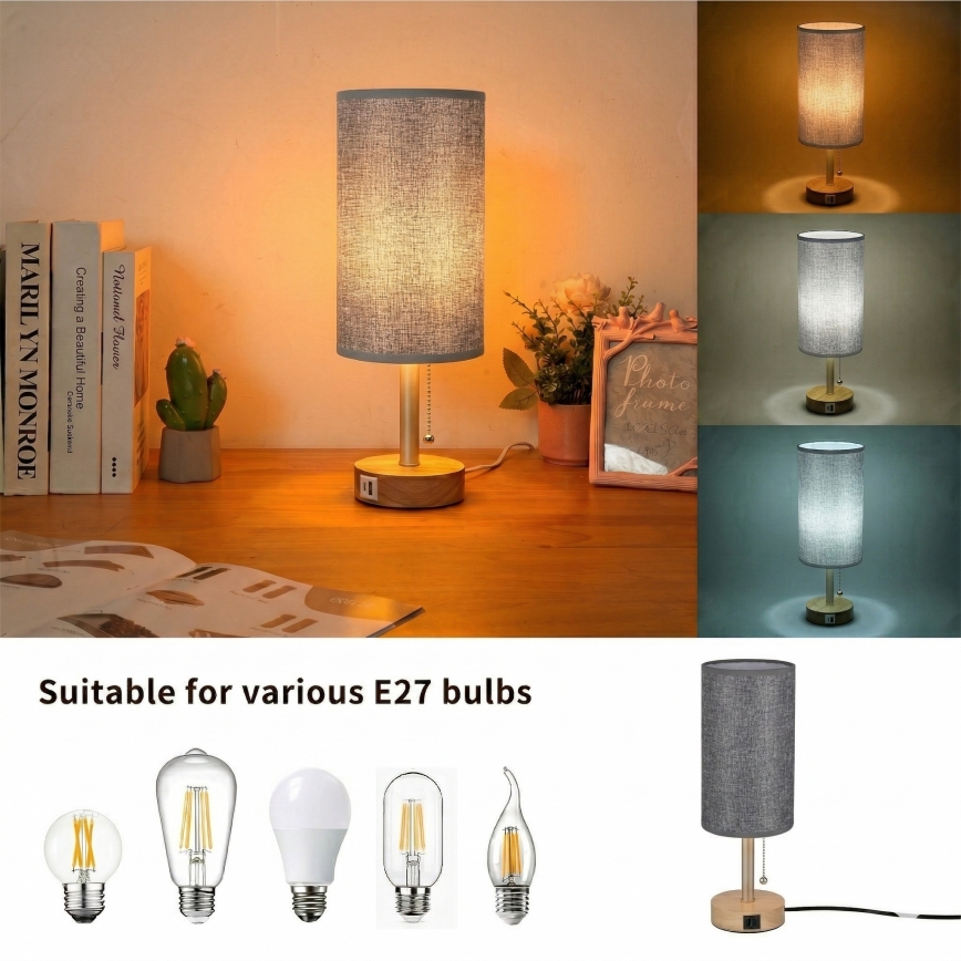 Brilagi - Stalinis šviestuvas su USB jungtimi TABLON 1xE27/25W/230V ąžuolas/kreminė/pilka