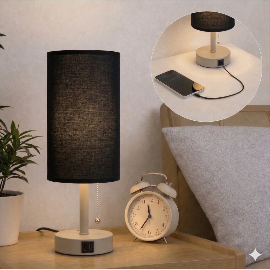 Brilagi - Stalinis šviestuvas su USB jungtimi TABLON 1xE27/25W/230V smėlinė/juoda