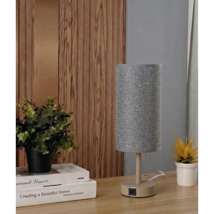 Brilagi - Stalinis šviestuvas su USB jungtimi TABLON 1xE27/25W/230V smėlinis/pilkas