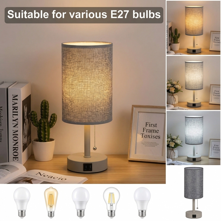 Brilagi - Stalinis šviestuvas su USB jungtimi TABLON 1xE27/25W/230V smėlinis/pilkas