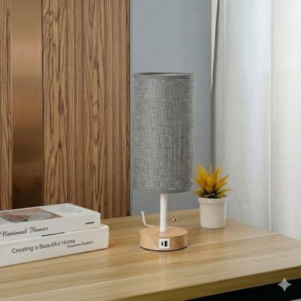 Brilagi - Stalinis šviestuvas su USB lizdu TABLON 1xE27/25W/230V ąžuolas/balta/pilka