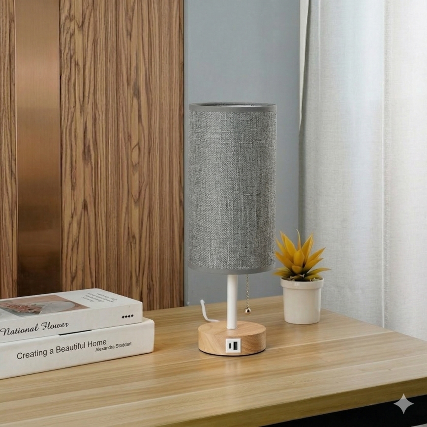 Brilagi - Stalinis šviestuvas su USB lizdu TABLON 1xE27/25W/230V ąžuolas/balta/pilka