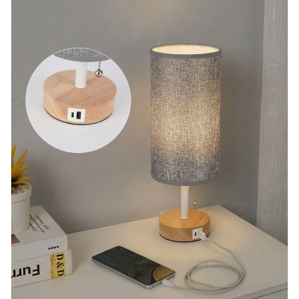 Brilagi - Stalinis šviestuvas su USB lizdu TABLON 1xE27/25W/230V ąžuolas/balta/pilka