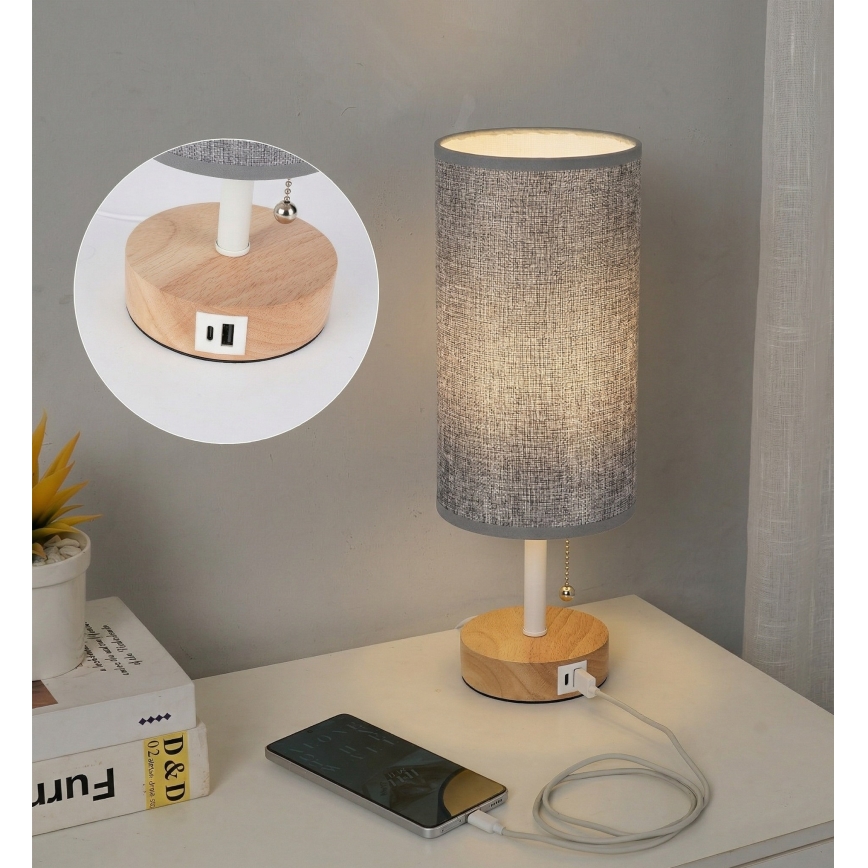 Brilagi - Stalinis šviestuvas su USB lizdu TABLON 1xE27/25W/230V ąžuolas/balta/pilka