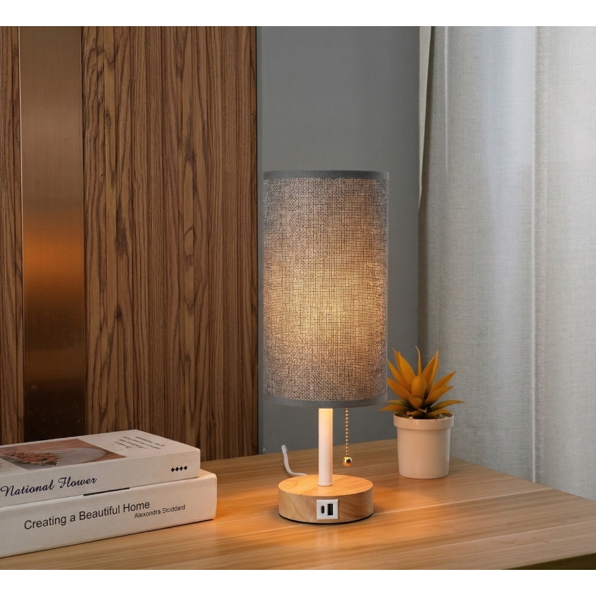 Brilagi - Stalinis šviestuvas su USB lizdu TABLON 1xE27/25W/230V ąžuolas/balta/pilka