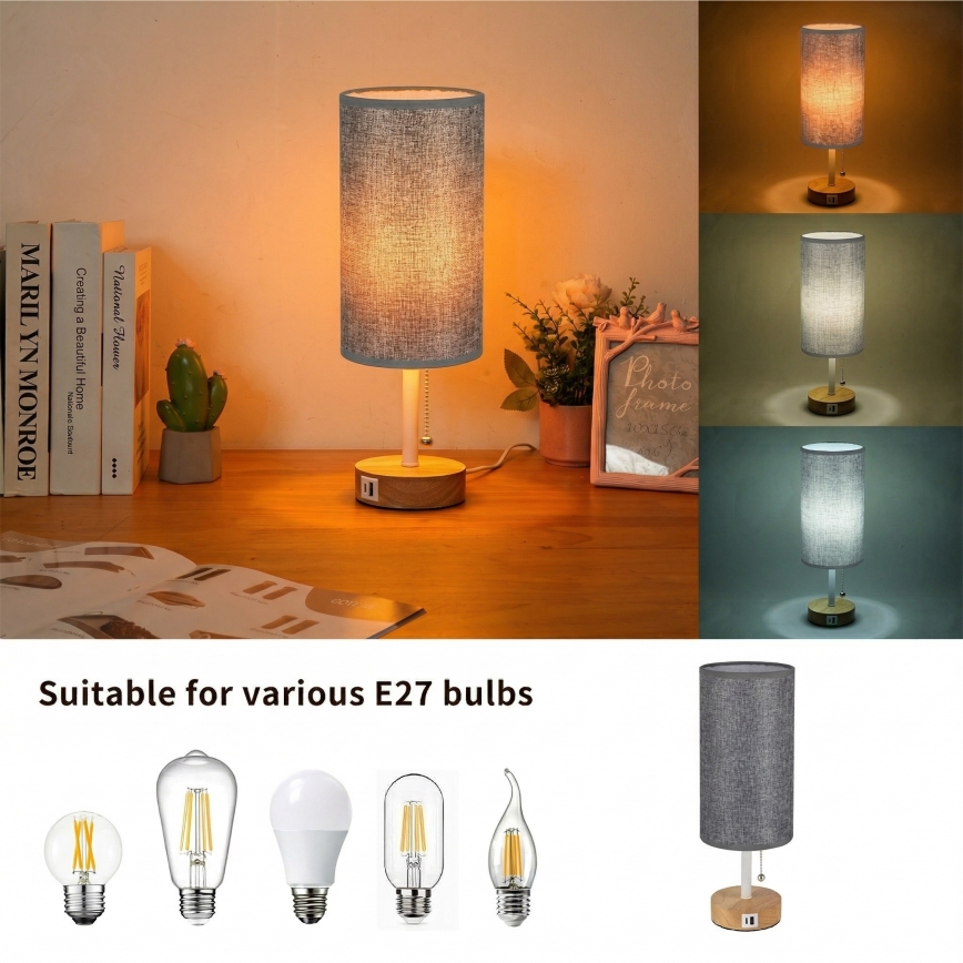 Brilagi - Stalinis šviestuvas su USB lizdu TABLON 1xE27/25W/230V ąžuolas/balta/pilka