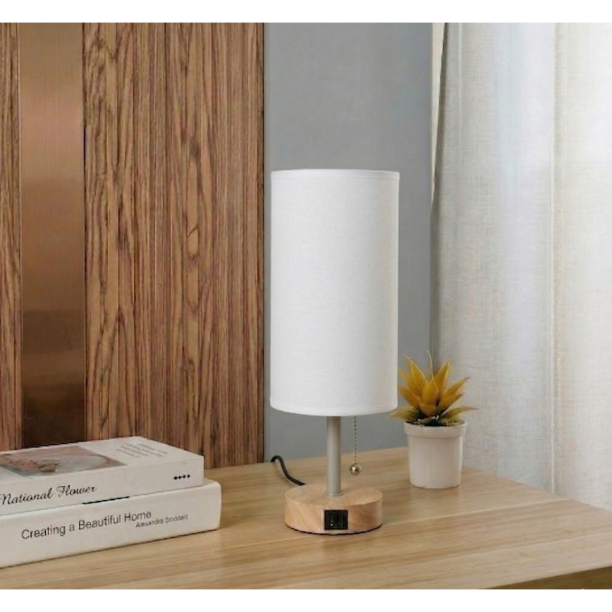 Brilagi - Stalinis šviestuvas su USB lizdu TABLON 1xE27/25W/230V ąžuolas/smėlinė/balta