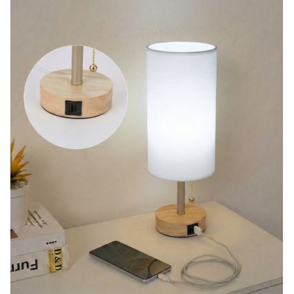 Brilagi - Stalinis šviestuvas su USB lizdu TABLON 1xE27/25W/230V ąžuolas/smėlinė/balta