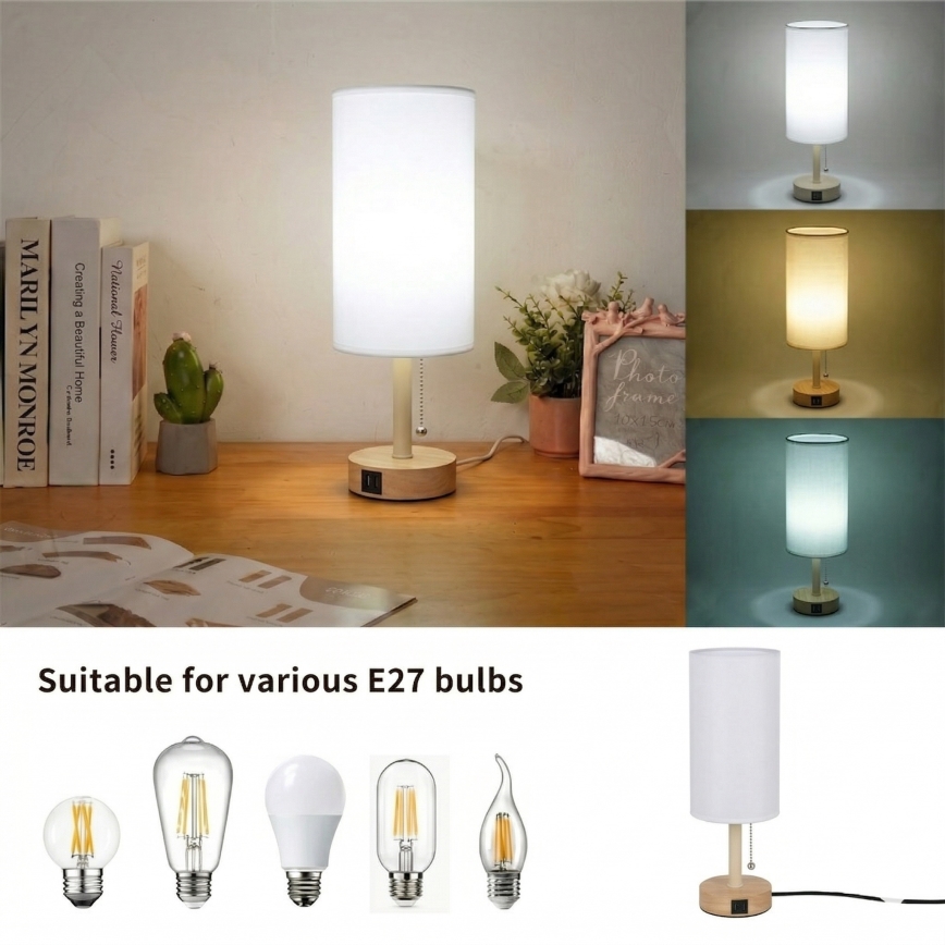 Brilagi - Stalinis šviestuvas su USB lizdu TABLON 1xE27/25W/230V ąžuolas/smėlinė/balta