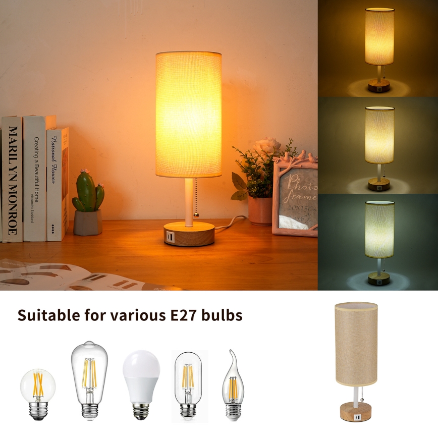 Brilagi - stalinis šviestuvas su USB prievadu TABLON 1xE27/25W/230V ąžuolas/balta/smėlinė