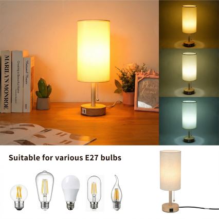 Brilagi - Stalinis šviestuvas su USB prievadu TABLON 1xE27/25W/230V ąžuolas/smėlinė/kreminė