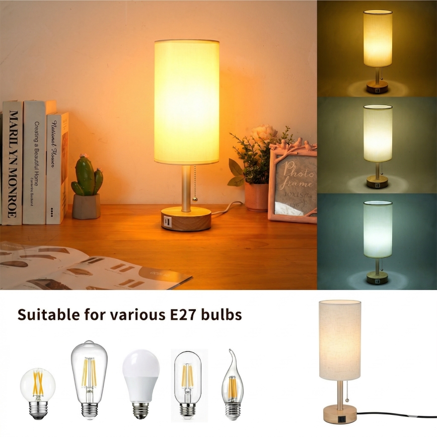 Brilagi - Stalinis šviestuvas su USB prievadu TABLON 1xE27/25W/230V ąžuolas/smėlinė/kreminė