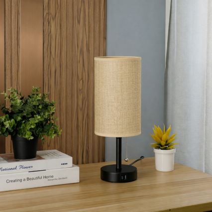 Brilagi - stalinis šviestuvas su USB prievadu TABLON 1xE27/25W/230V juodas/smėlio spalvos