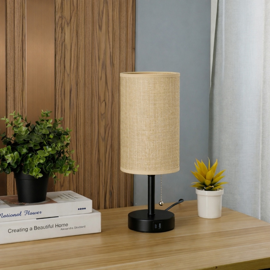 Brilagi - stalinis šviestuvas su USB prievadu TABLON 1xE27/25W/230V juodas/smėlio spalvos