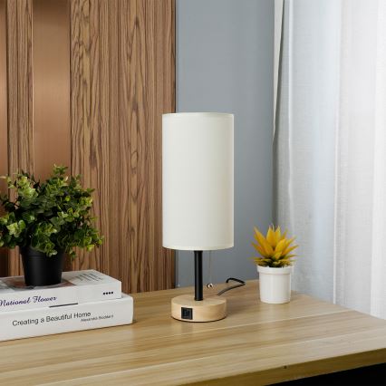 Brilagi - Stalo lempa su USB prievadu TABLON 1xE27/25W/230V ąžuolas/juoda/kreminė
