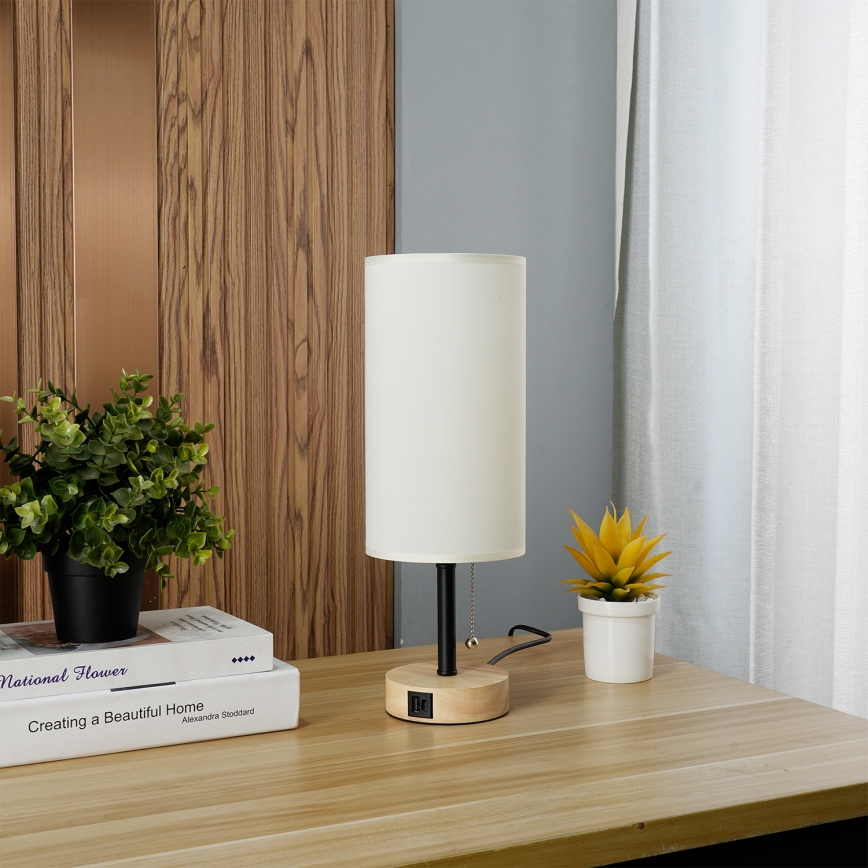 Brilagi - Stalo lempa su USB prievadu TABLON 1xE27/25W/230V ąžuolas/juoda/kreminė