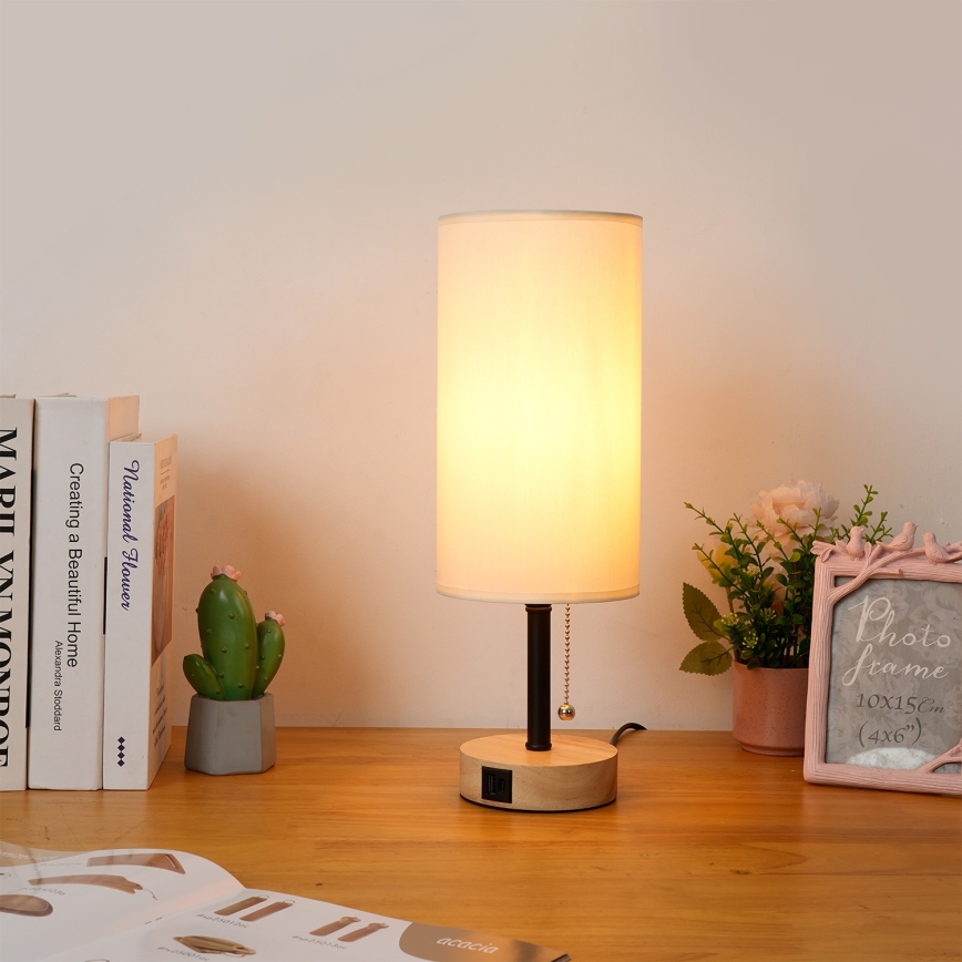 Brilagi - Stalo lempa su USB prievadu TABLON 1xE27/25W/230V ąžuolas/juoda/kreminė