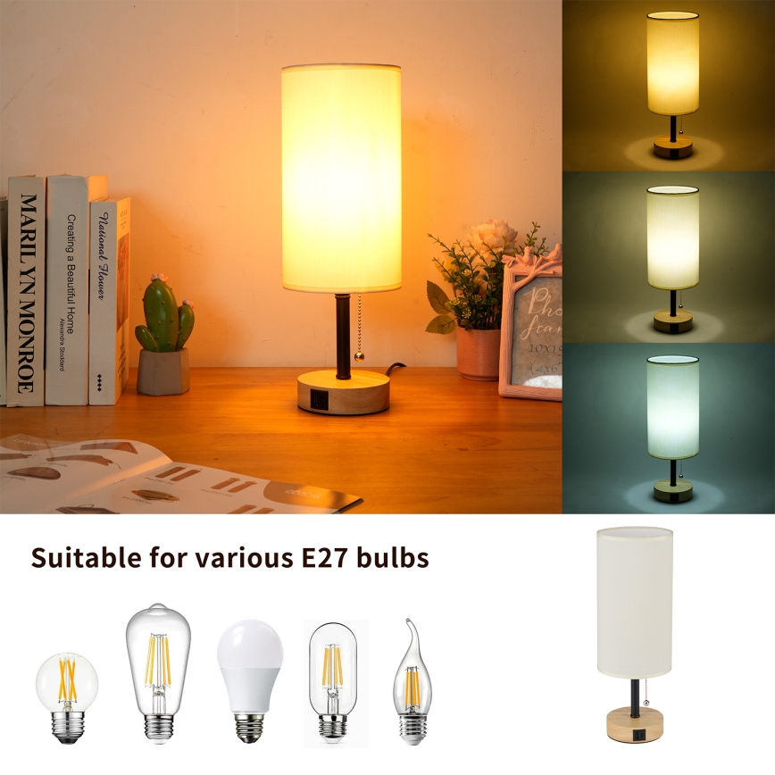 Brilagi - Stalo lempa su USB prievadu TABLON 1xE27/25W/230V ąžuolas/juoda/kreminė