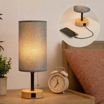 Brilagi - Stalo lempa su USB prievadu TABLON 1xE27/25W/230V ąžuolas/juoda/pilka