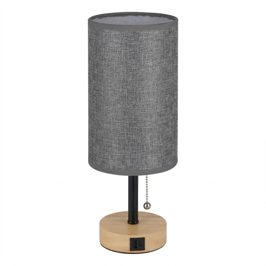 Brilagi - Stalo lempa su USB prievadu TABLON 1xE27/25W/230V ąžuolas/juoda/pilka