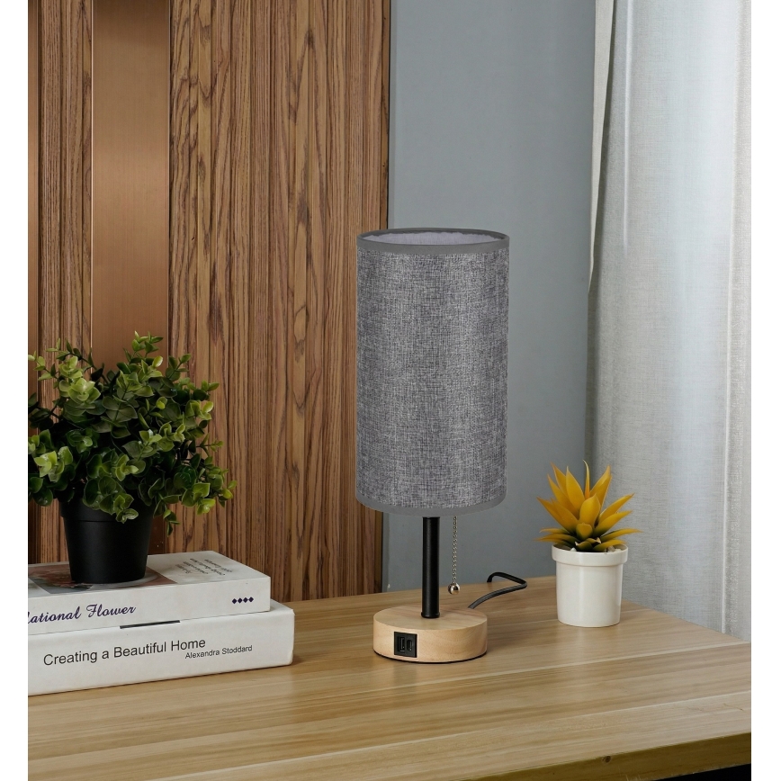 Brilagi - Stalo lempa su USB prievadu TABLON 1xE27/25W/230V ąžuolas/juoda/pilka