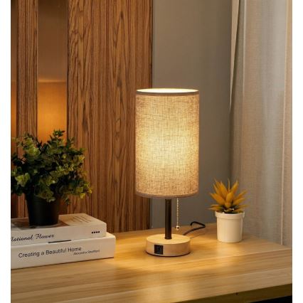 Brilagi - Stalo lempa su USB prievadu TABLON 1xE27/25W/230V ąžuolas/juoda/pilka