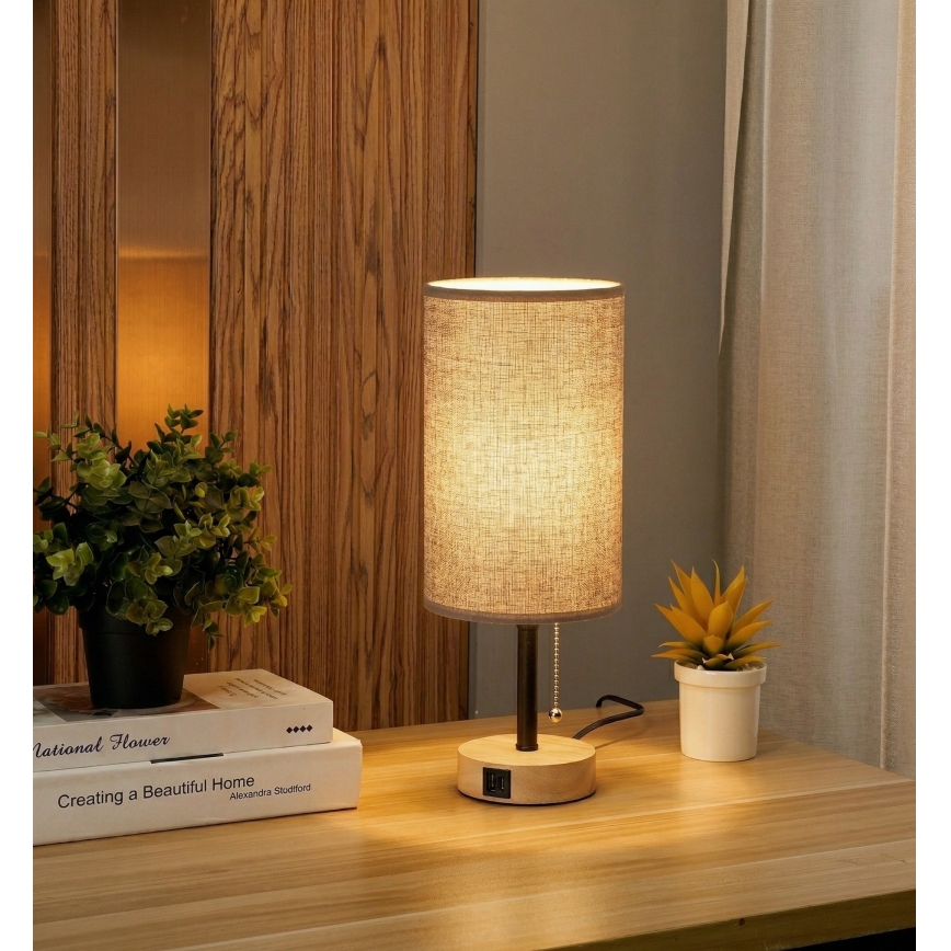 Brilagi - Stalo lempa su USB prievadu TABLON 1xE27/25W/230V ąžuolas/juoda/pilka