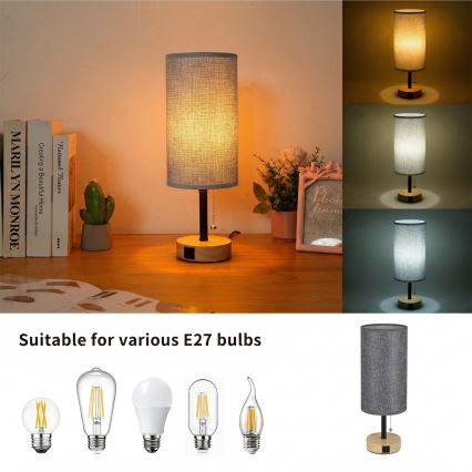 Brilagi - Stalo lempa su USB prievadu TABLON 1xE27/25W/230V ąžuolas/juoda/pilka