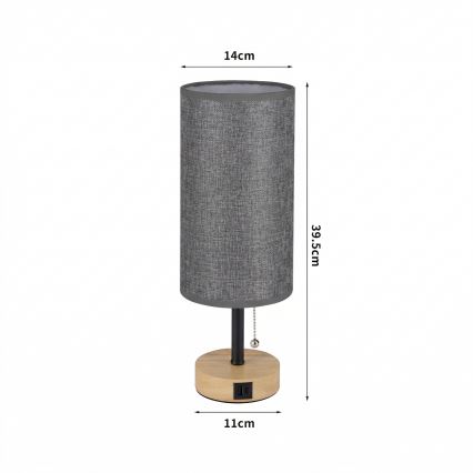 Brilagi - Stalo lempa su USB prievadu TABLON 1xE27/25W/230V ąžuolas/juoda/pilka