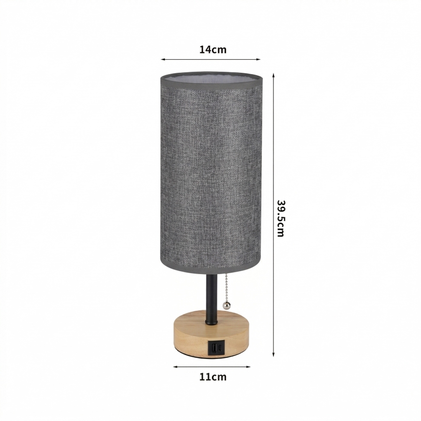 Brilagi - Stalo lempa su USB prievadu TABLON 1xE27/25W/230V ąžuolas/juoda/pilka