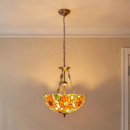 Brilagi - Tiffany stiliaus vitražinis liustras ant grandinės SUNFLOWER 3xE27/60W/230V skersm. 50 cm