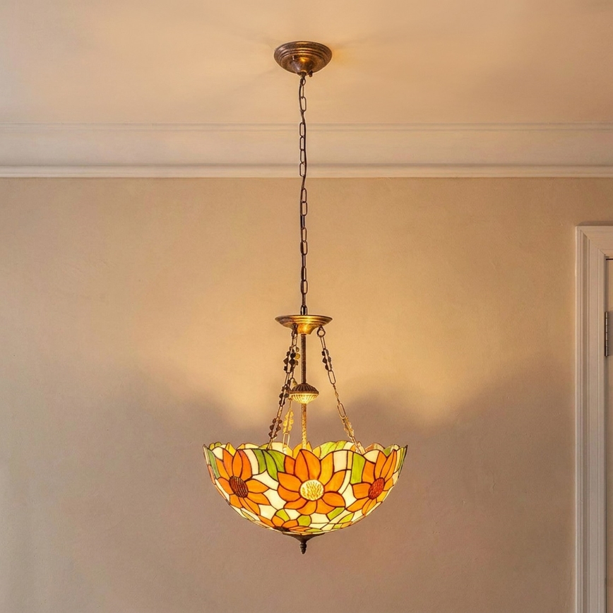 Brilagi - Tiffany stiliaus vitražinis liustras ant grandinės SUNFLOWER 3xE27/60W/230V skersm. 50 cm