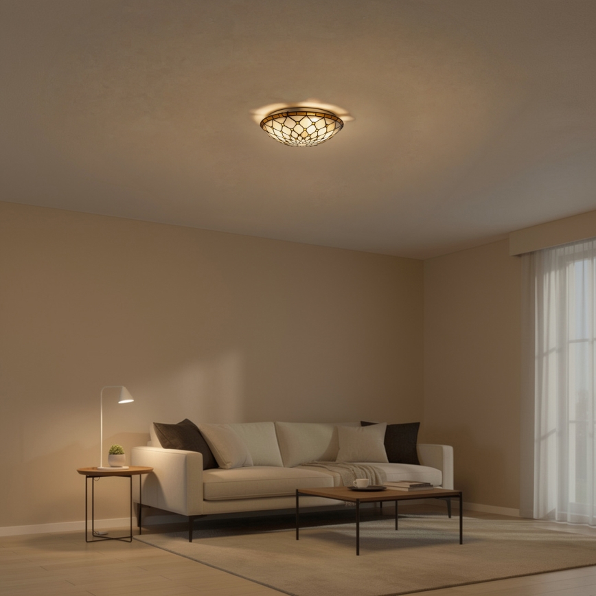 Brilagi - Tiffany stiliaus vitražinis lubų šviestuvas, dramblio kaulo, 2xE27/60W/230V, skersmuo 40 cm
