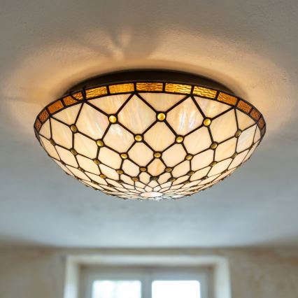 Brilagi - Tiffany stiliaus vitražinis lubų šviestuvas, dramblio kaulo, 2xE27/60W/230V, skersmuo 40 cm
