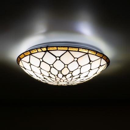 Brilagi - Tiffany stiliaus vitražinis lubų šviestuvas, dramblio kaulo, 2xE27/60W/230V, skersmuo 40 cm