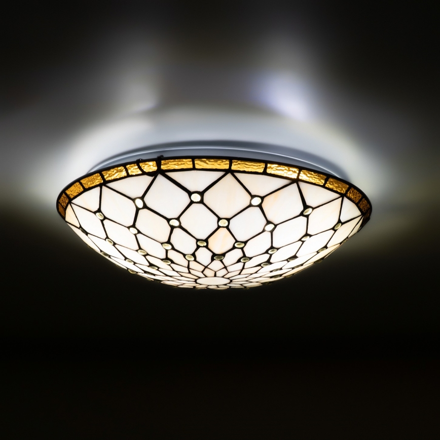 Brilagi - Tiffany stiliaus vitražinis lubų šviestuvas, dramblio kaulo, 2xE27/60W/230V, skersmuo 40 cm