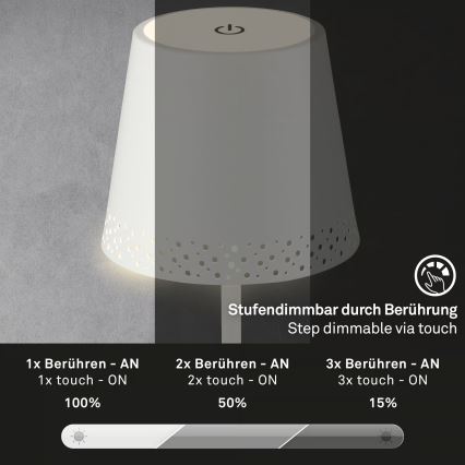 Brilo - LED reguliuojamo ryškumo įkraunama jutiklinė lauko stalinė lempa KIKI LED/2,6W/5V IP44 2600 mAh balta