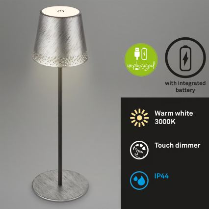 Brilo - LED su reguliuojamu ryškumu įkraunama jutiklinė lauko stalinė lempa KIKI LED/2,6W/5V IP44 2600 mAh sidabrinė
