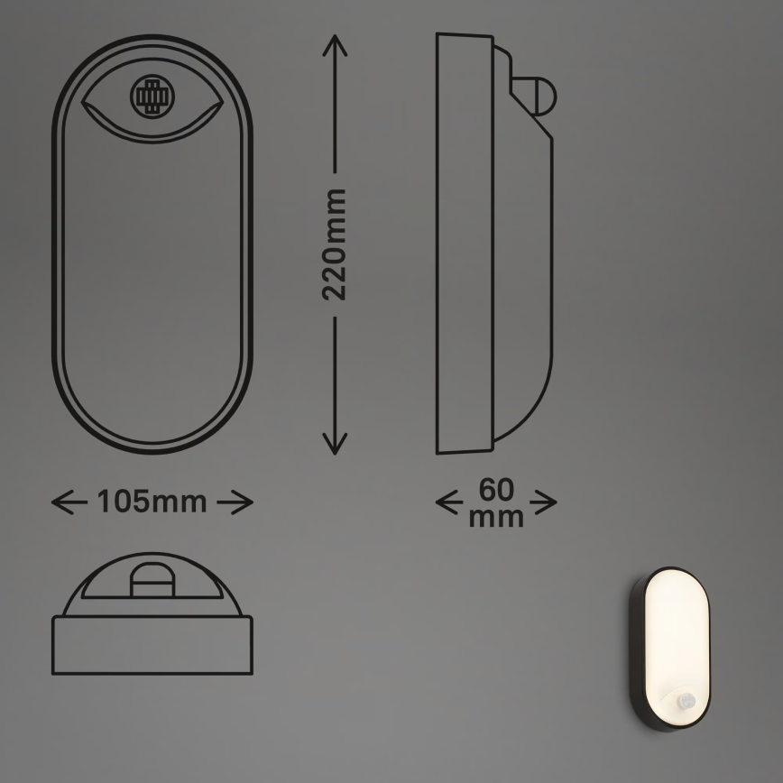 Brilo - lauko sieninis LED šviestuvas su judesio ir sutemų jutikliu RUCH LED/12W/230V IP65 juodas