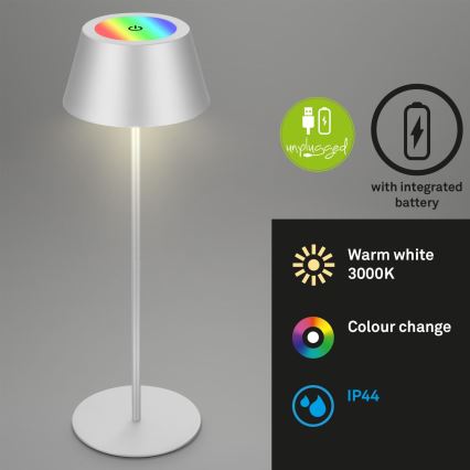 Brilo - LED RGB reguliuojama įkraunama jutiklinė lauko stalinė lempa KIKI LED/2,6W/5V IP44 2600 mAh sidabrinė
