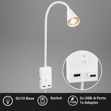 Briloner 2175-016 - Lanksti sieninė lempa su USB prievadu 1xGU10/10W/230V balta