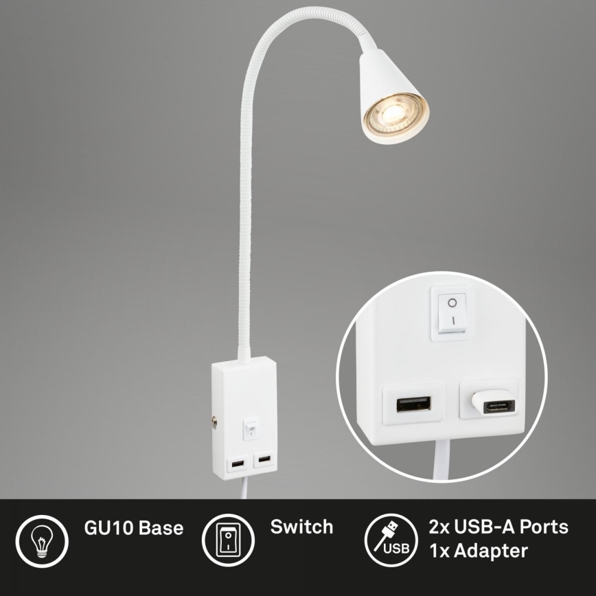 Briloner 2175-016 - Lanksti sieninė lempa su USB prievadu 1xGU10/10W/230V balta