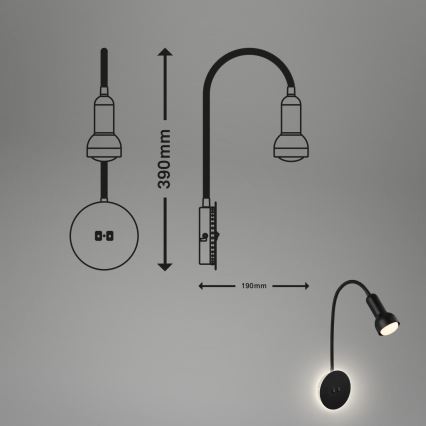 Briloner 2178015 - LED Sieninė lanksti lempa 1xE14/10W/230V + LED/3W juoda