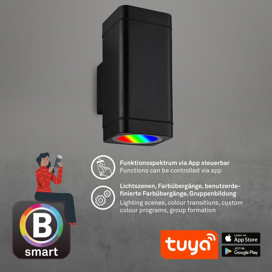 Briloner 3675-025 - LED RGBW Reguliuojamas lauko sieninis šviestuvas 2xLED/8,5W/230V 3000-6500K Wi-Fi Tuya IP44 juoda