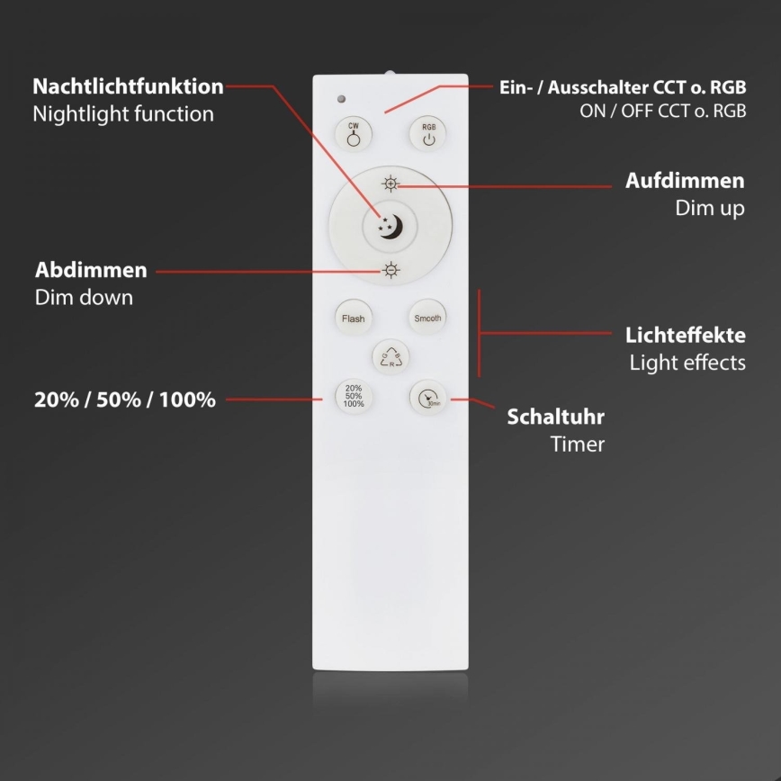 Briloner 3709-015 - LED RGBW Reguliuojamas lubinis šviestuvas LED/22W/230V 4000K diametras 38 cm juoda + nuotolinio valdymo pultas