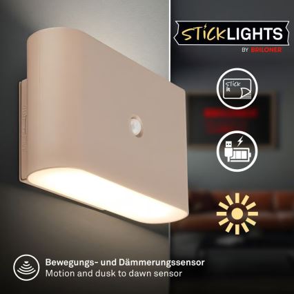 Briloner 3878011 - Įkraunamas LED sieninis šviestuvas CHAT su judesio ir sutemų jutikliu LED/3W/5V 2000 mAh smėlio spalvos